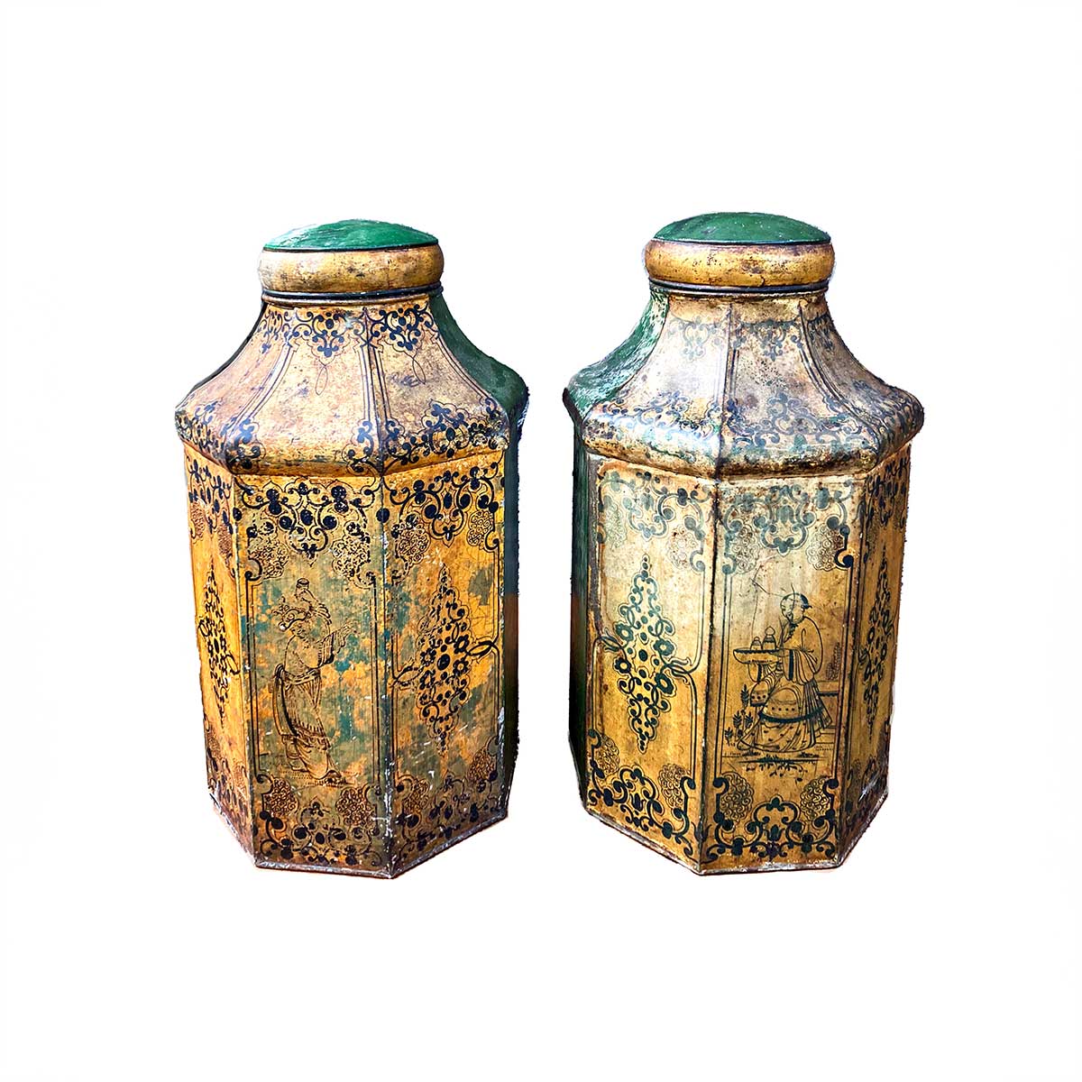 Pair of Chinoiserie Tole Ware Tea Canisters By Gilbert of London.  Circa. 1850