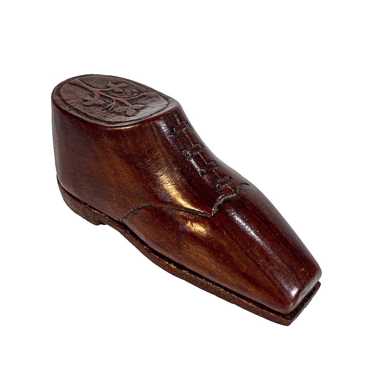 Carved Wood Treen Snuff Box in the Form of a Shoe