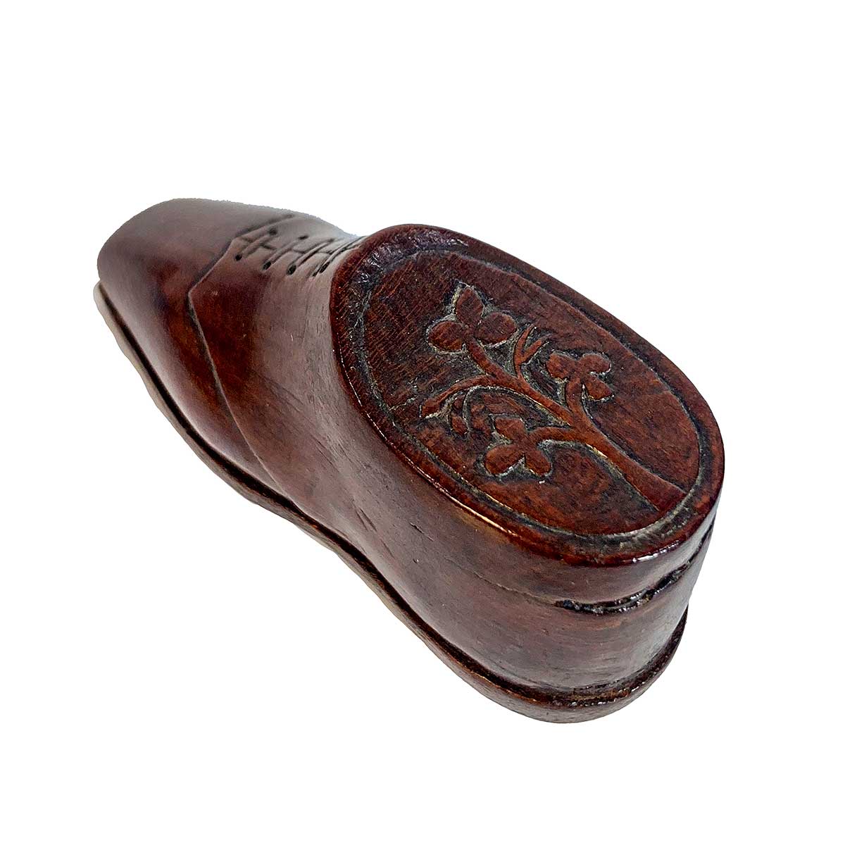 Carved Wood Treen Snuff Box in the Form of a Shoe