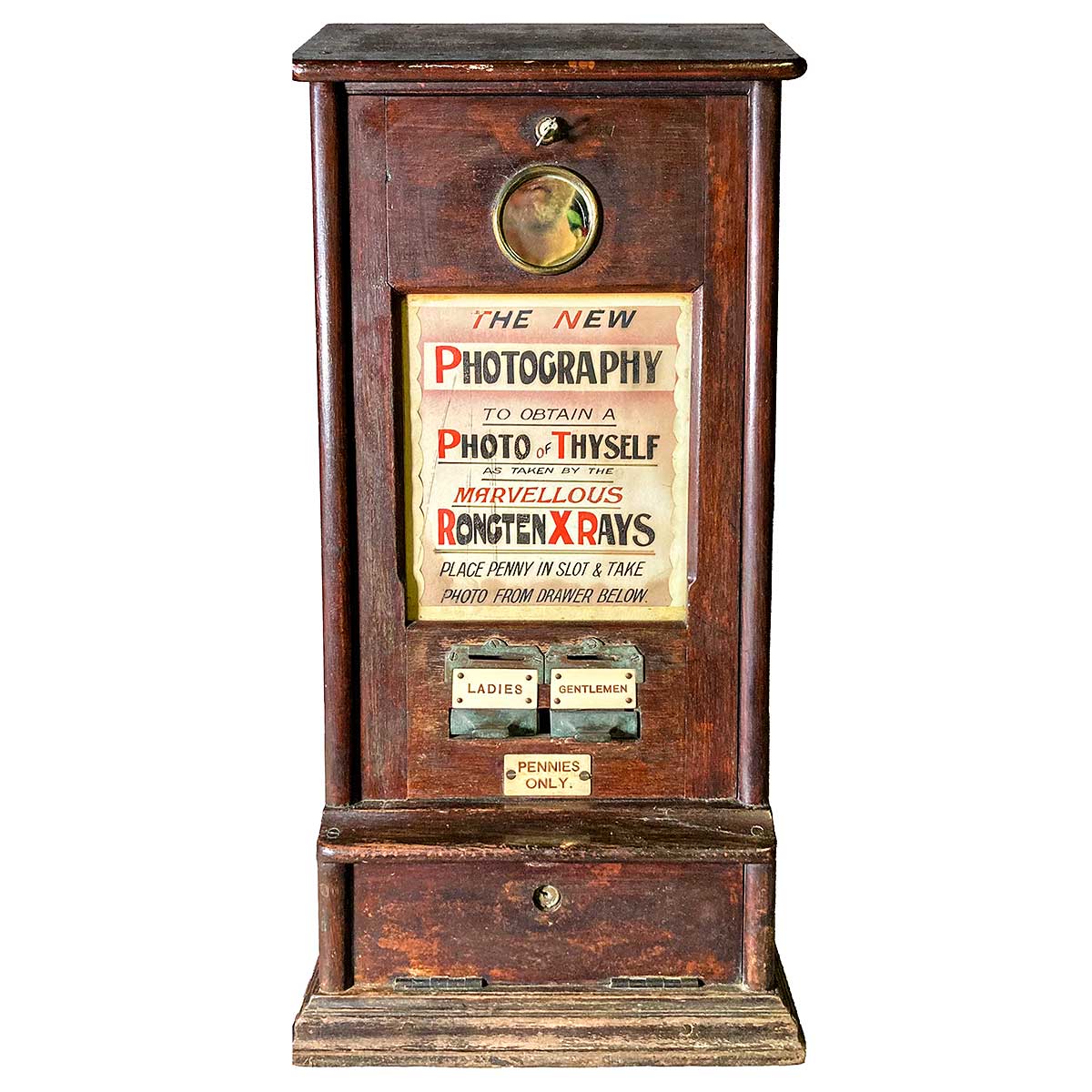 SOLD Wooden Cased Rongten X-Ray Penny  Slot Machine Circa. 1896